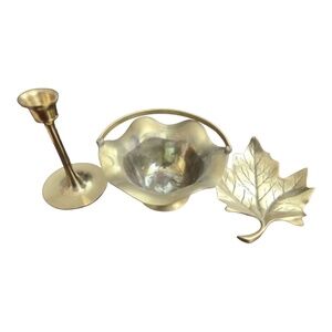 Set of 3 Brass Decoration Accents-Leaf design-Bowl with Handle Candle stick-Home